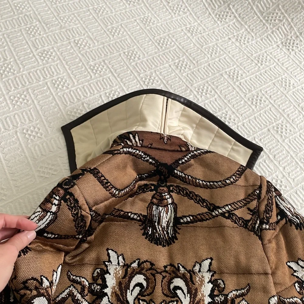St. John Brown jacket Blazer with Intricate Pattern and Black Trim